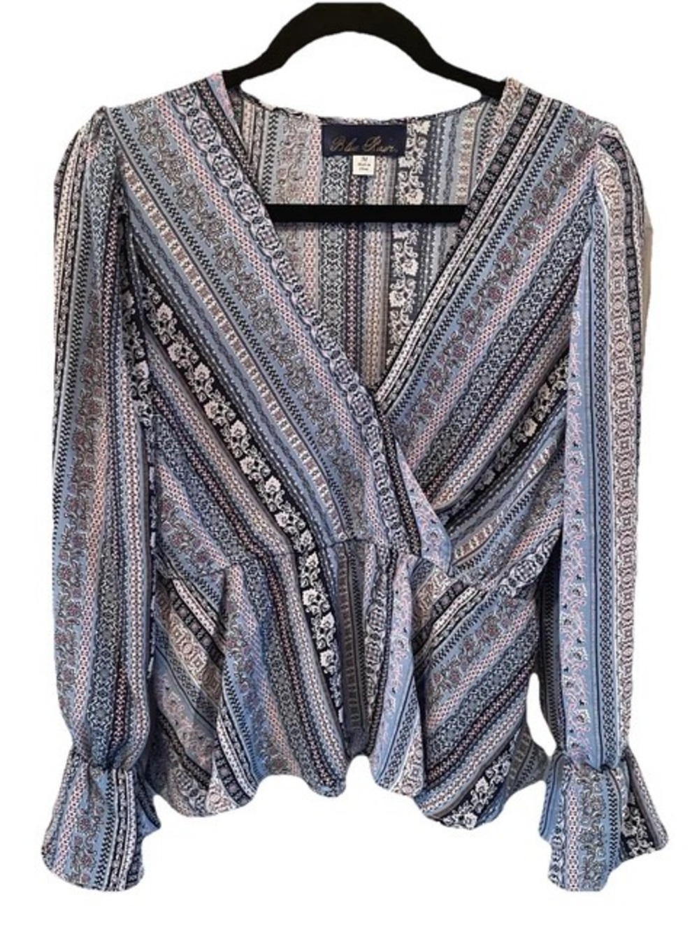 Blue Rain Carwyn Boho Faux Wrap Blouse M Blue Peplum Floral